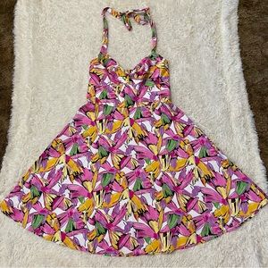 Vicky Tiel Pink Floral Print Halter Neck Fit & Flare Dress Size Medium